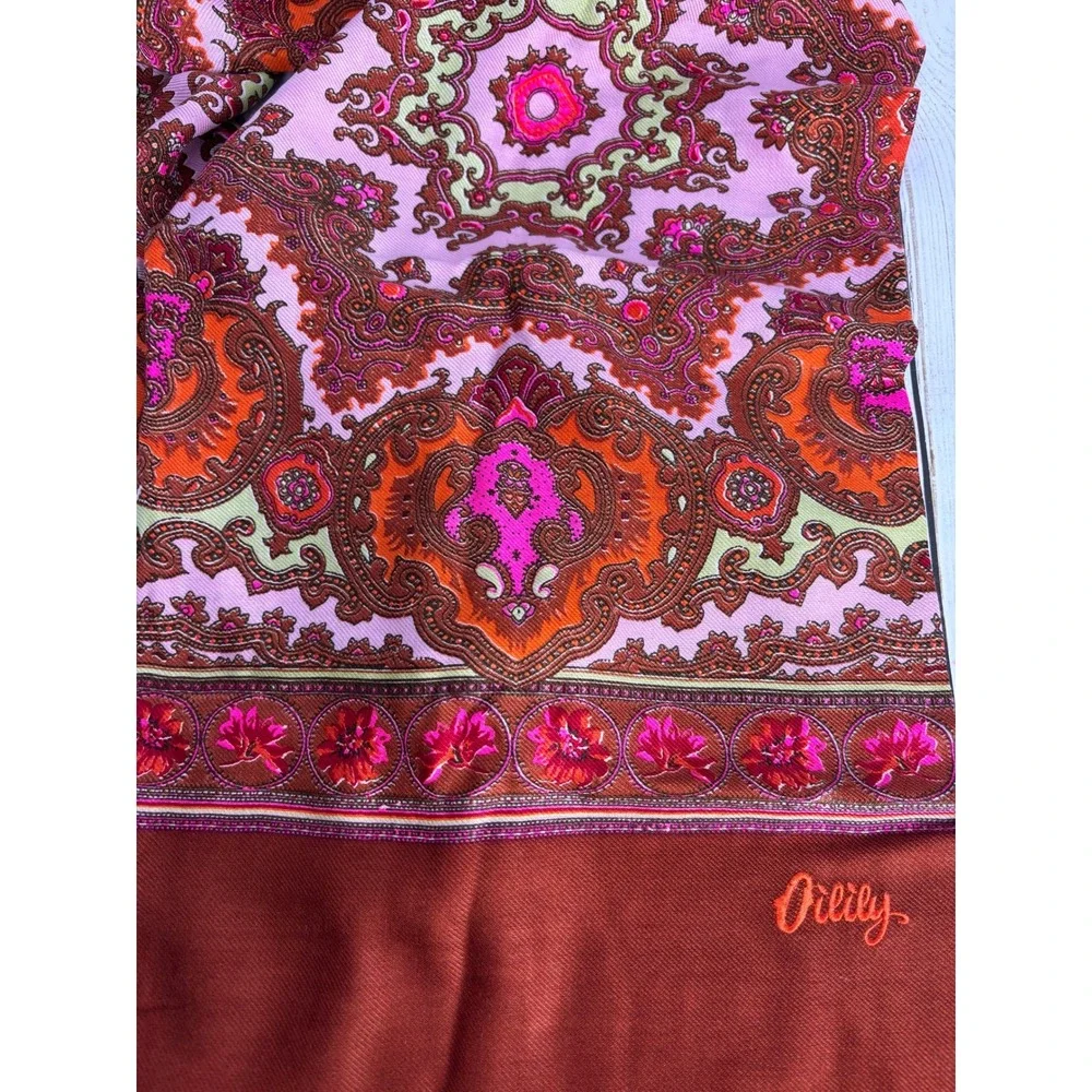 Oilily Paisley Scarf Wrap Brown Pink Orange‎ Gold Embroidery Womens 2029